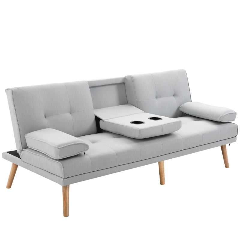 Grey 3 Seater Sofa Bed with Recliner and Cup Holder - Scandinavian Style