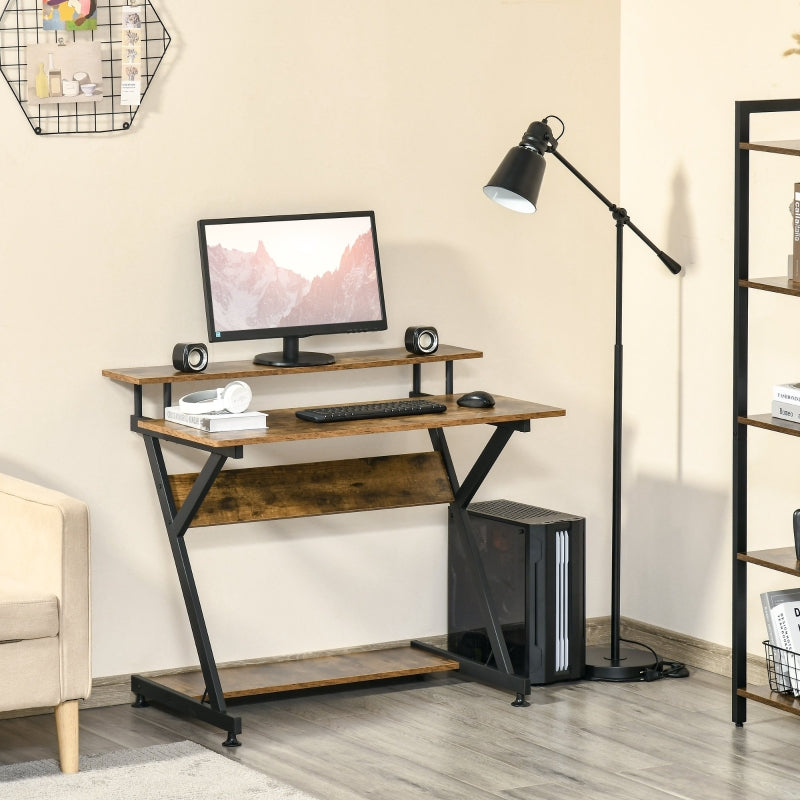 Rustic Brown Compact Computer Desk with Storage & Monitor Stand