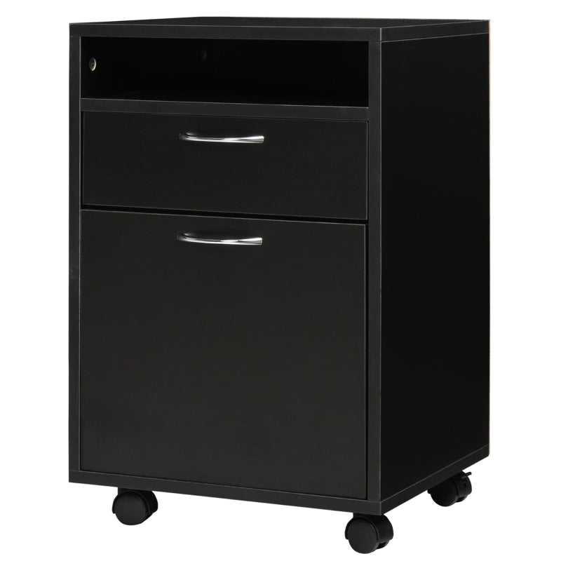 Black 60cm Storage Cabinet with Drawer, Open Shelf, Metal Handles, 4 Wheels - Office Home Organizer