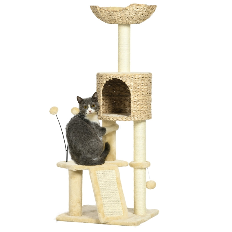 Beige Cat Tree Tower with Scratching Post, House, Bed, Toy Ball, Platform