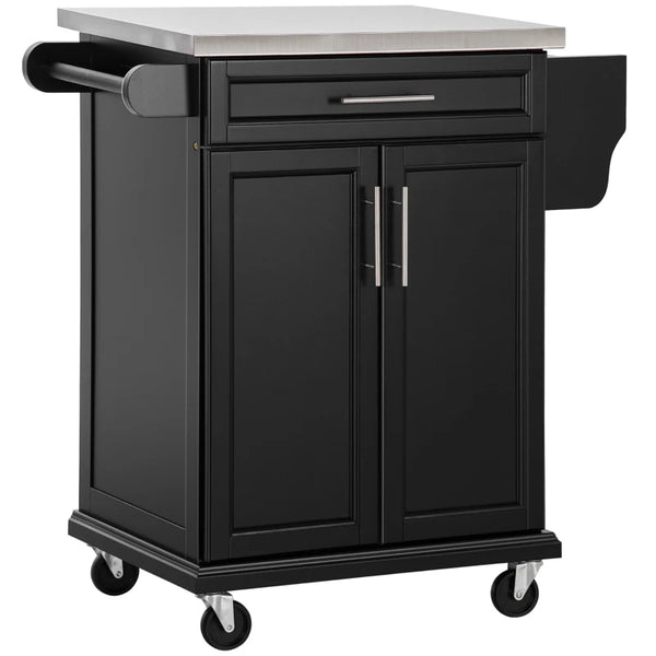 Black Wooden Kitchen Island Cart with Stainless Steel Top and Storage
