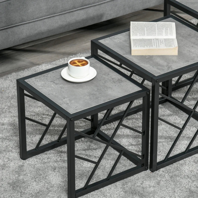 Grey Square Nesting Coffee Tables Set, 3-Piece Black Metal Frame Side Tables