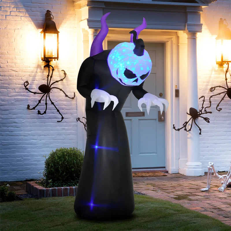 7ft Inflatable Halloween Ghost with Horns, LED Flame Effect - Outdoor Decor