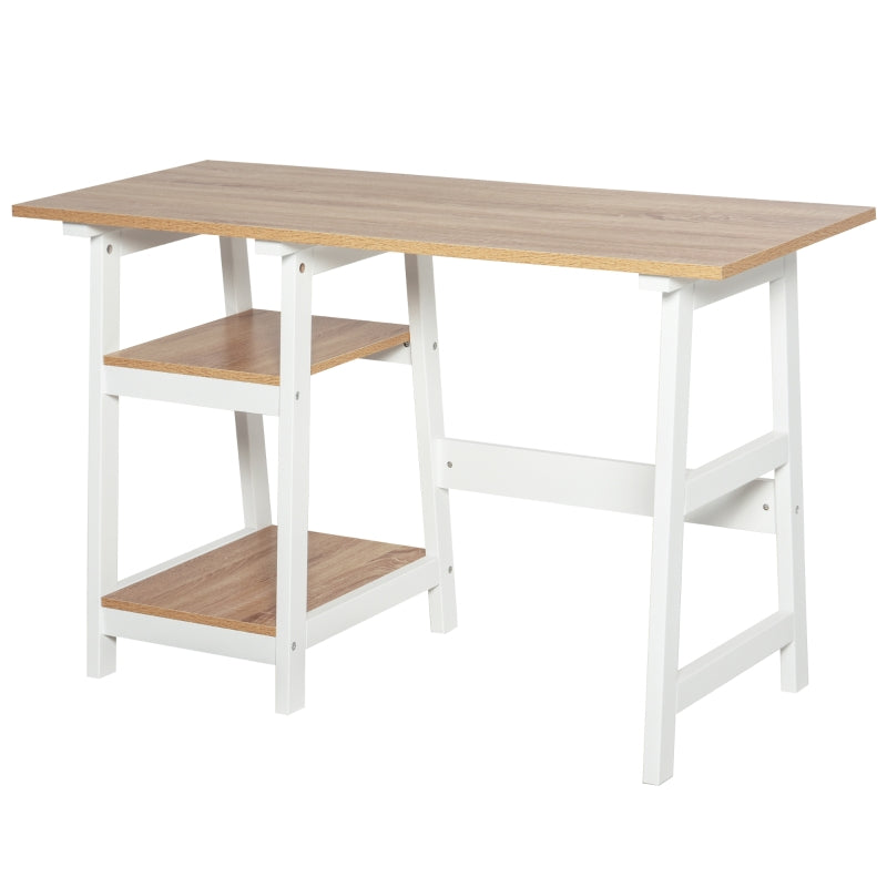 Compact White and Natural Computer Desk with Storage Shelves