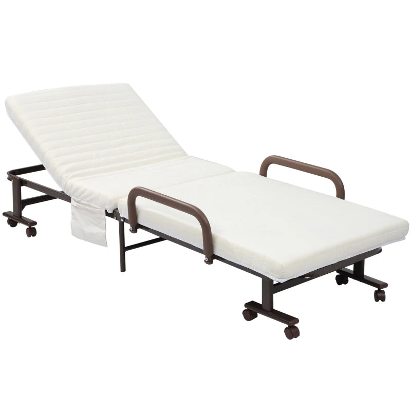 White Folding Guest Bed with Adjustable Backrest, Metal Frame - Single, Portable, 190 x 76 cm