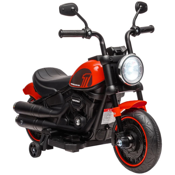 Red 6V Electric Motorbike with Training Wheels, One-Button Start