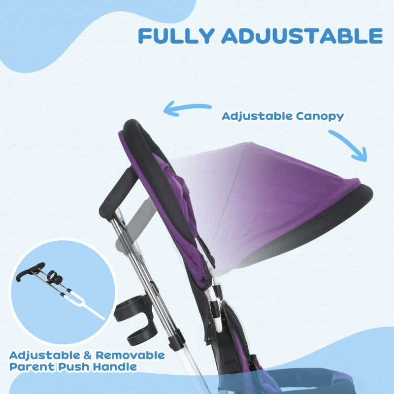 Purple 6-in-1 Kids Trike with Push Handle, Canopy, Safety Belt, Storage, Footrest, Brake