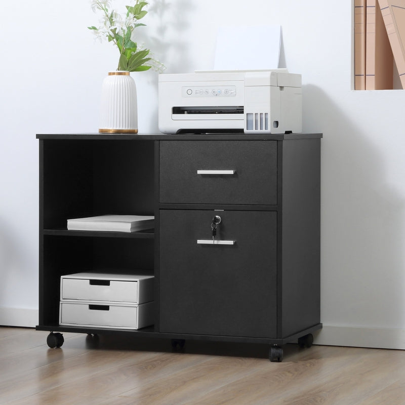 Black Mobile Filing Cabinet with Lockable Drawer and Open Shelves