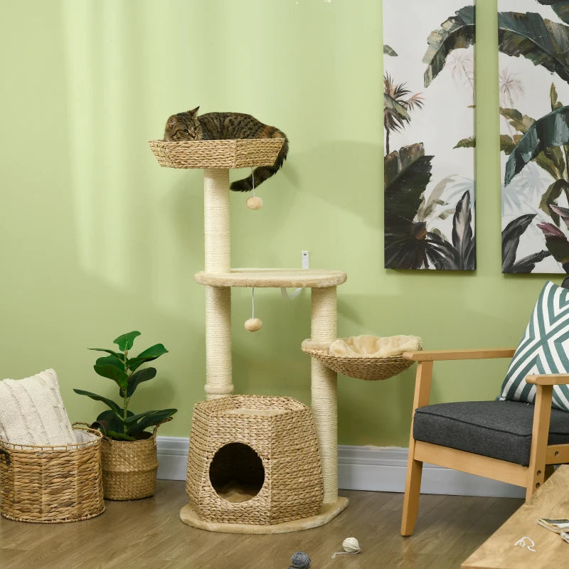 Cat Tree Activity Centre with Cattail, Bed, House, Sisal Post, Ball - Natural