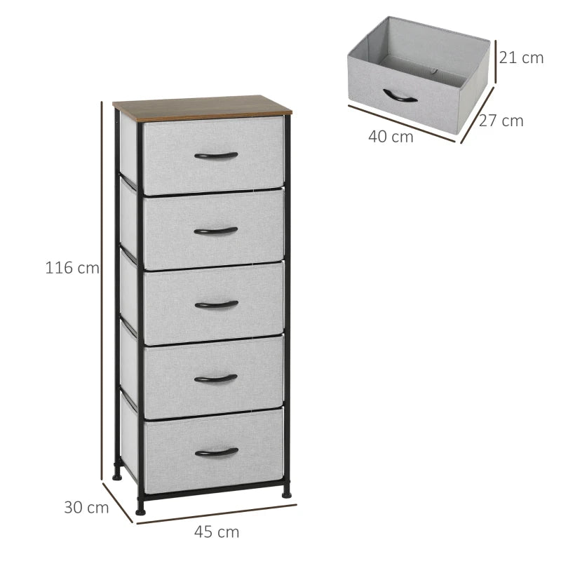 Grey Fabric 5-Drawer Industrial Dresser with Steel Frame and Wooden Top