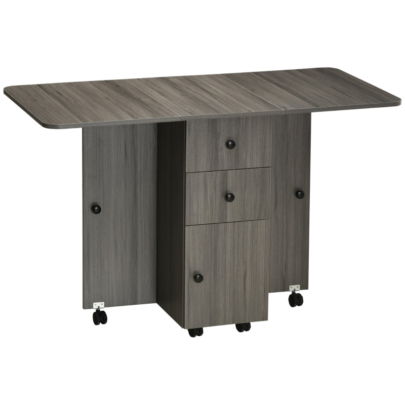 Grey Folding Dining Table with Storage Drawers and Wheels