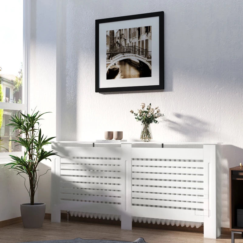 White Modern Radiator Cover with Horizontal Slats, 172 x 19 x 81 cm