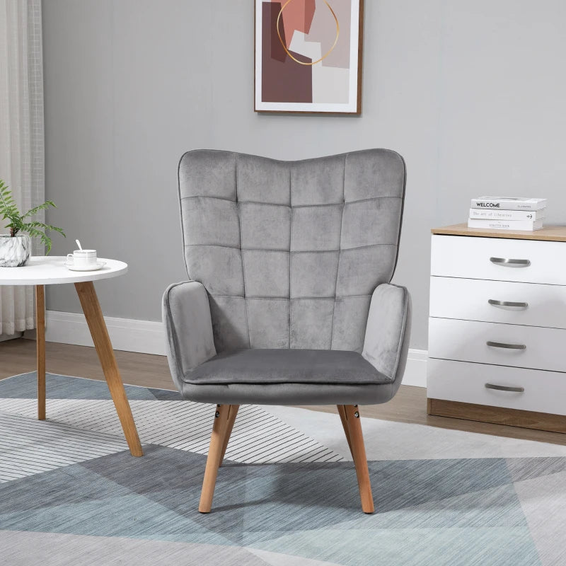 Grey Velvet Tufted Wingback Armchair with Wood Legs