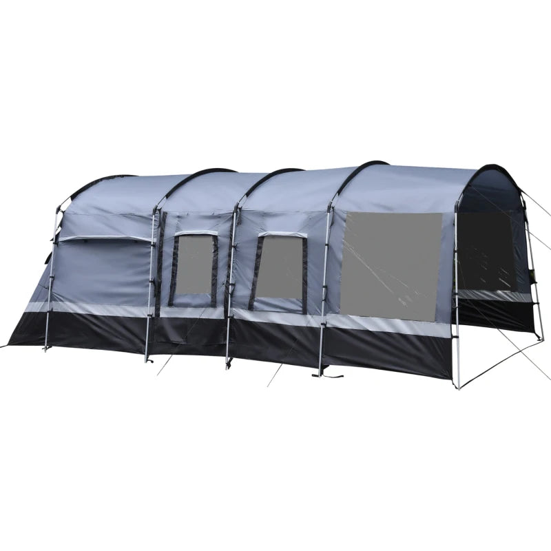 8-Person Waterproof Grey Camping Tent with Tunnel Design and 4 Large Windows