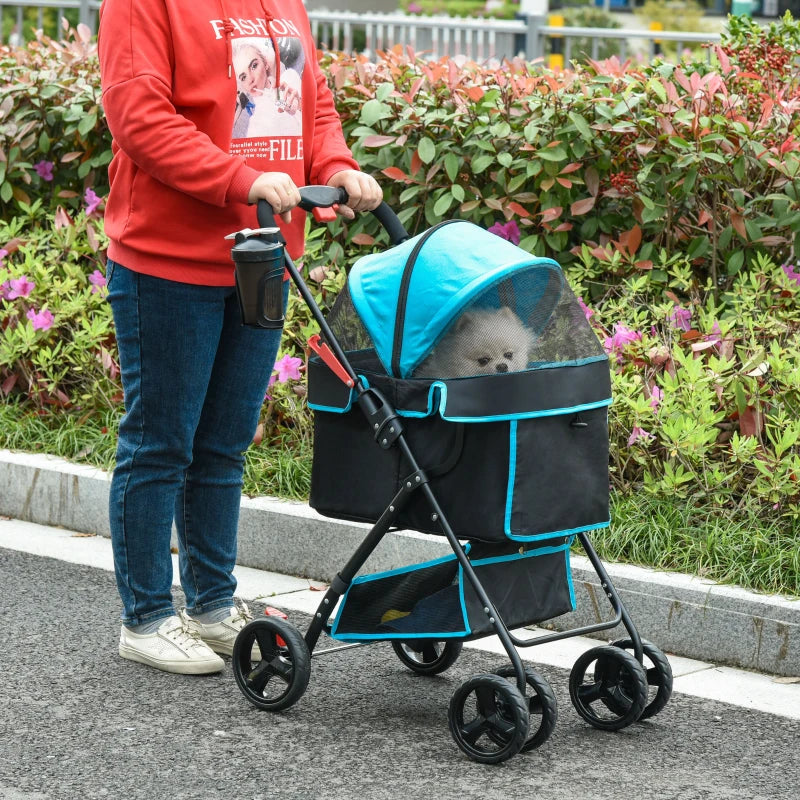 Foldable Pet Stroller with Adjustable Canopy - Blue