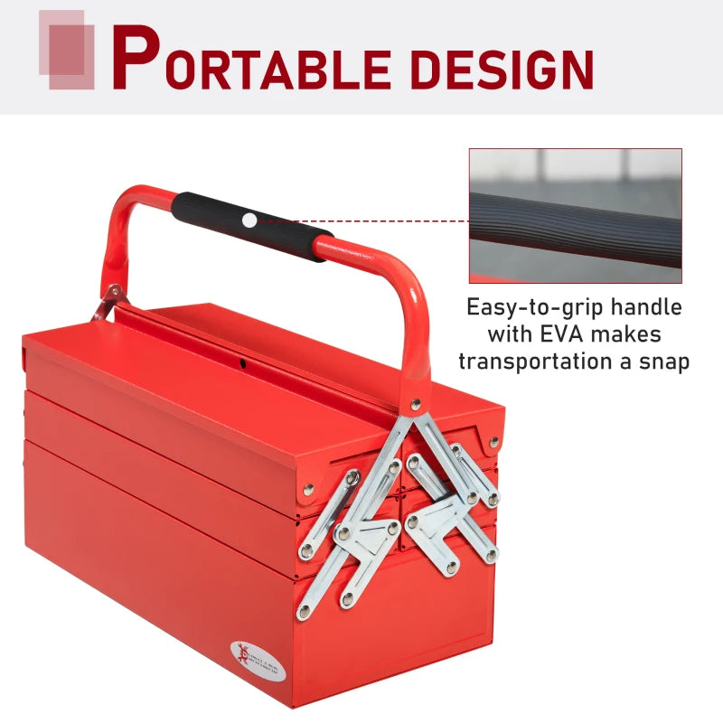 Red 3-Tier Metal Cantilever Toolbox with Carry Handle