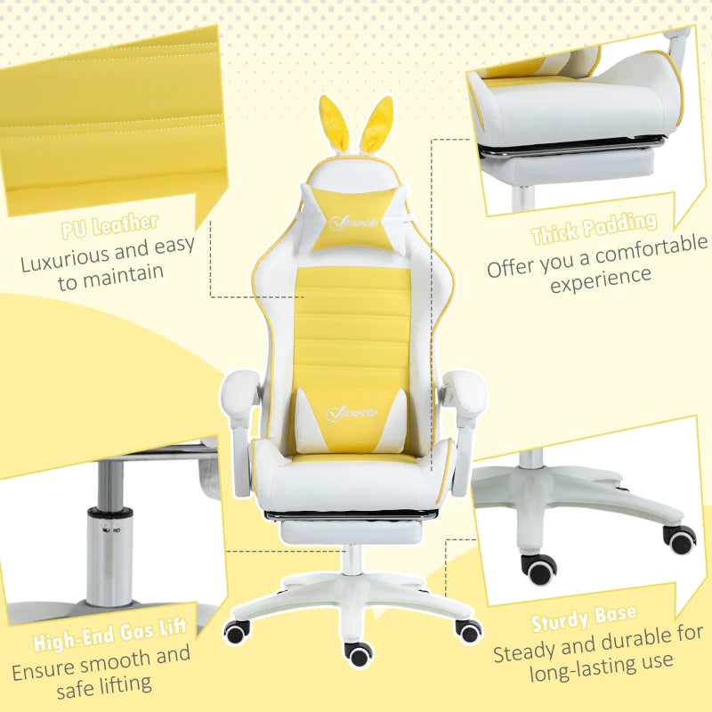 Yellow Racing Gaming Chair with Rabbit Ears & Footrest