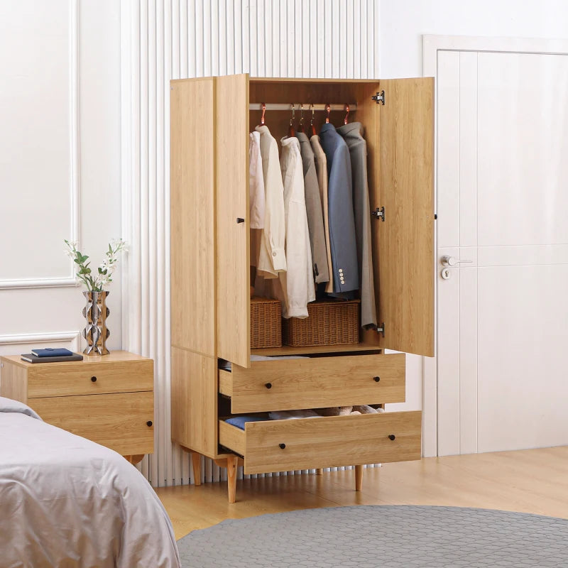 Natural Tone Wardrobe with 2 Doors, 2 Drawers, Hanging Rail - Bedroom Clothes Storage 80x52x180cm