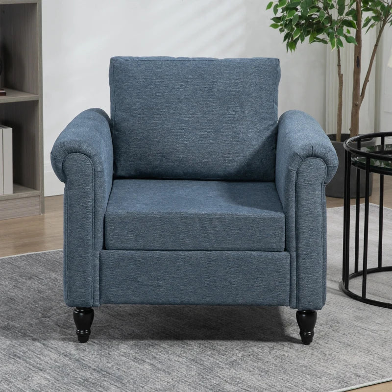 Dark Blue Upholstered Accent Chair with Rolled Arms and Back Pillow