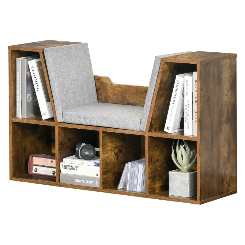 Wood-Effect 6-Compartment Bookcase with Padded Seat - Espresso