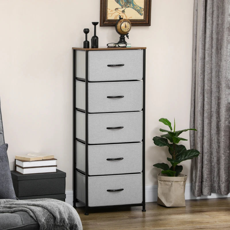 Grey Fabric 5-Drawer Industrial Dresser with Steel Frame and Wooden Top