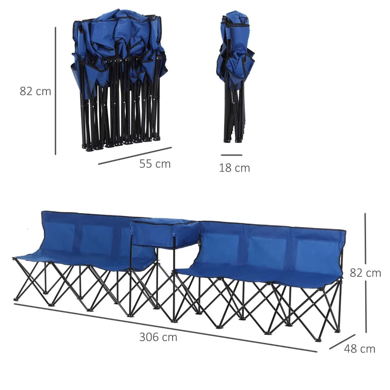 Blue 6-Seater Folding Steel Camping Bench with Cooler Bag