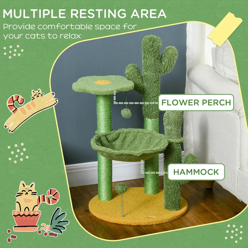 Green Chenille Cactus Cat Tree - 82cm Height with Scratching Post & Hammock