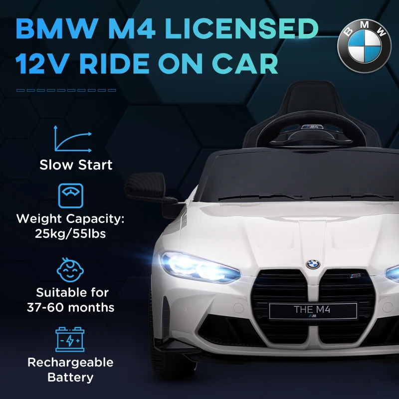 12V BMW M4 Licensed Kids Car - White with Remote Control & LED Lights