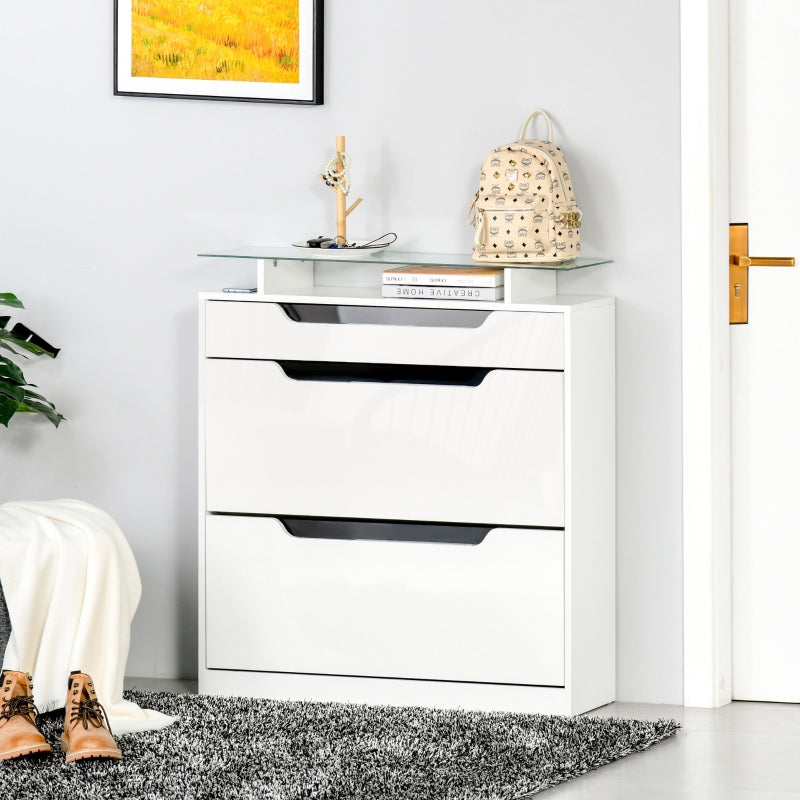 White Shoe Storage Cabinet with Slide Out Drawer and Glass Top