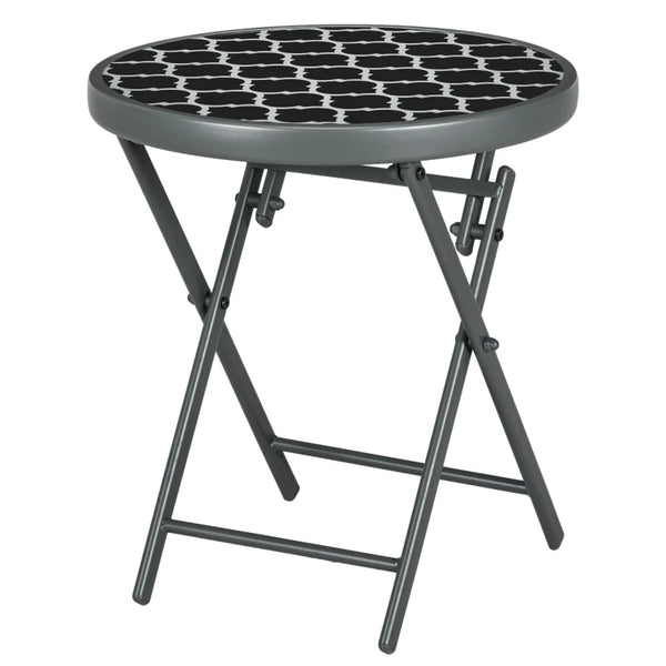 Round Outdoor Folding Patio Table with Imitation Marble Glass Top, Black & White