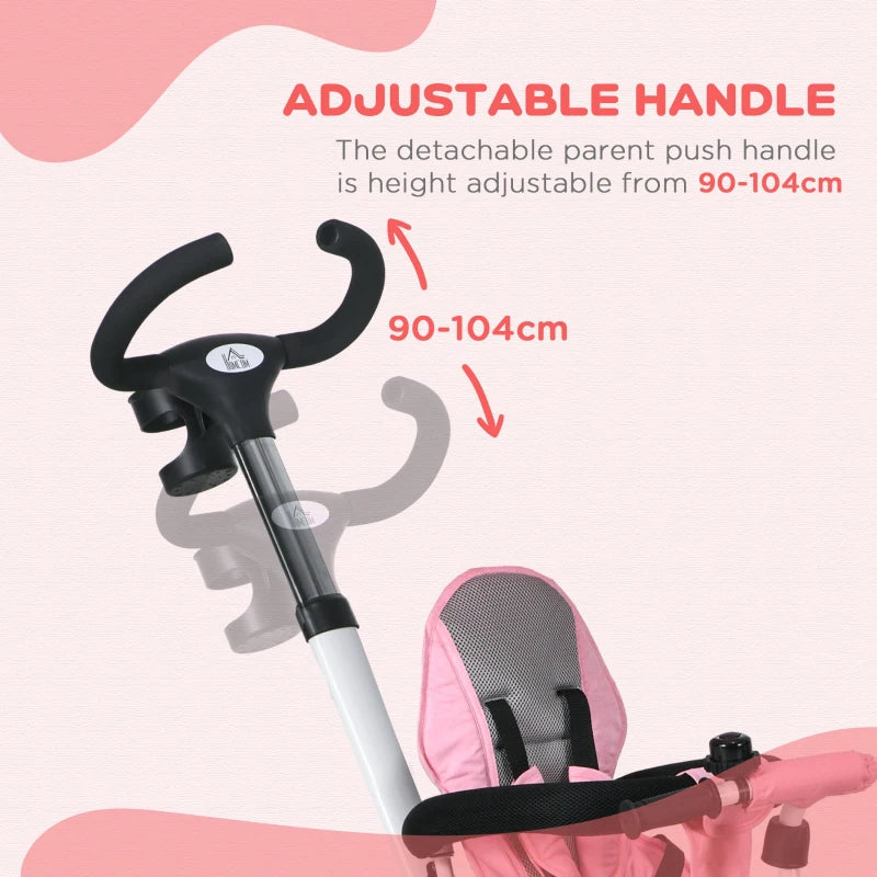 6-in-1 Pink Baby Push Tricycle with Parent Handle - Ages 1-5