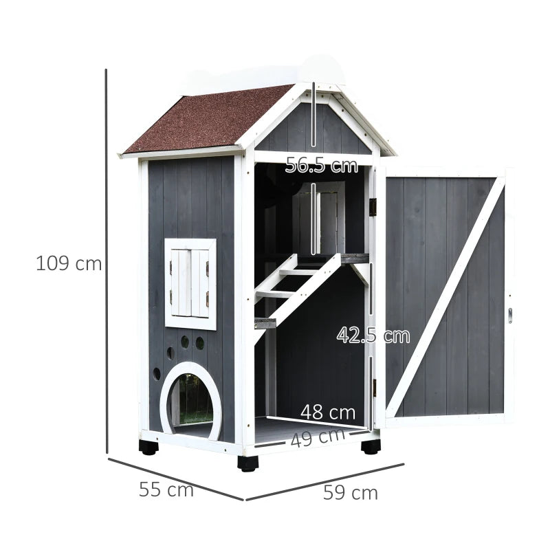 Grey & White Weatherproof Wooden Cat House with 2 Floors