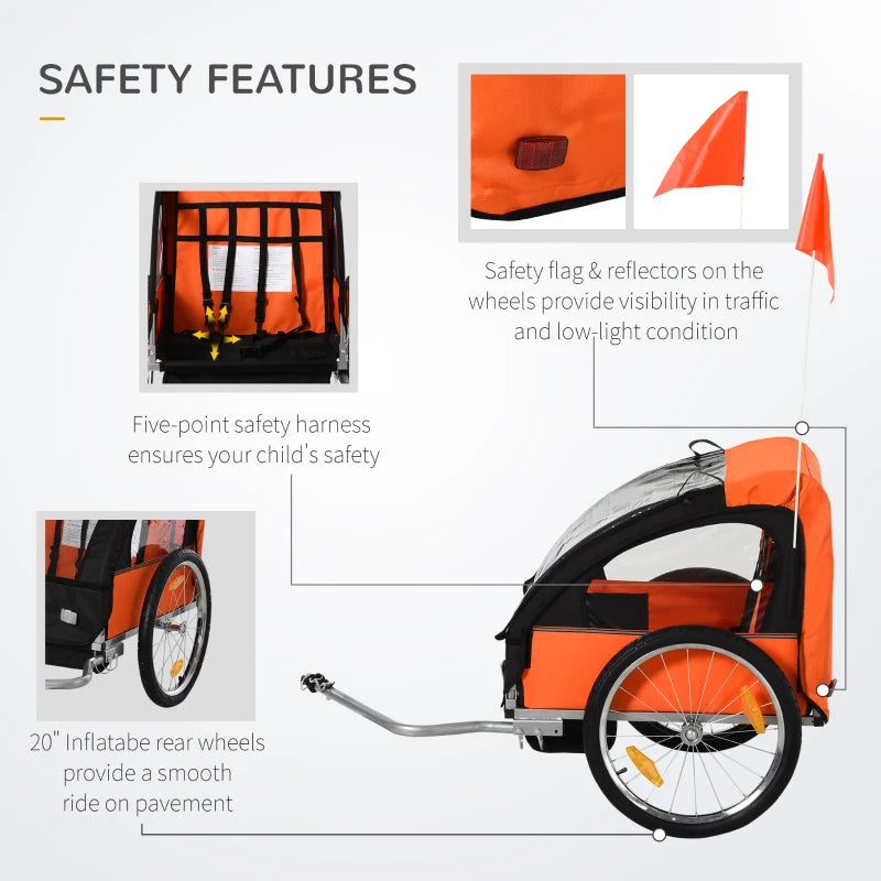 Orange Black 2-Seat Child Bike Trailer with Safety Harness