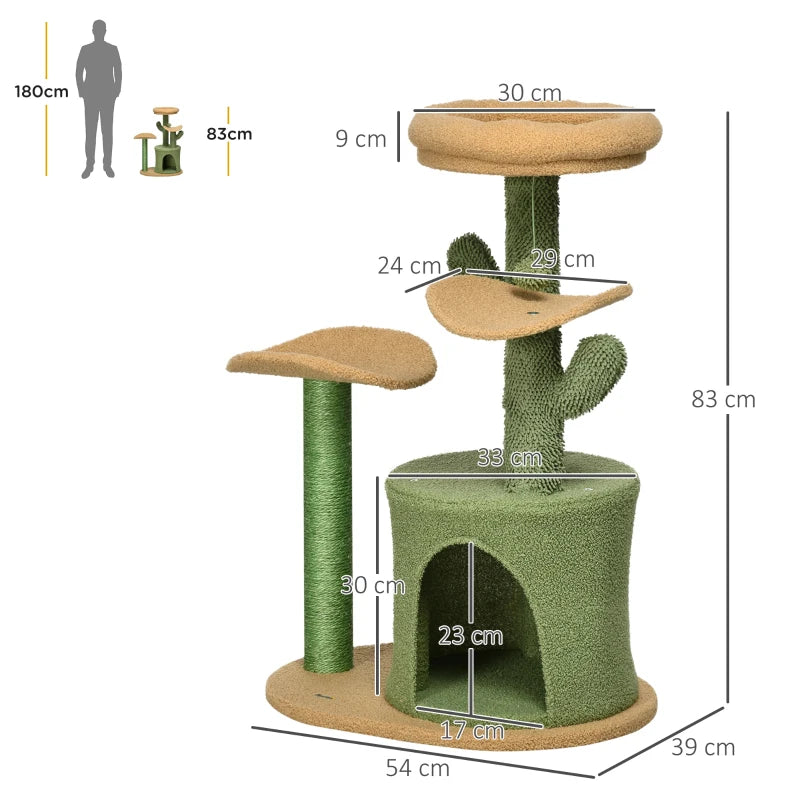 Green Cactus Cat Tree with Teddy Fleece House & Scratching Post