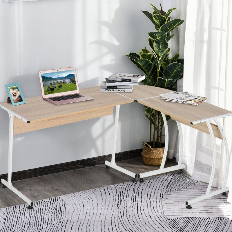 Natural L-Shaped Wood and Steel Computer Desk - 112.5x152x74cm