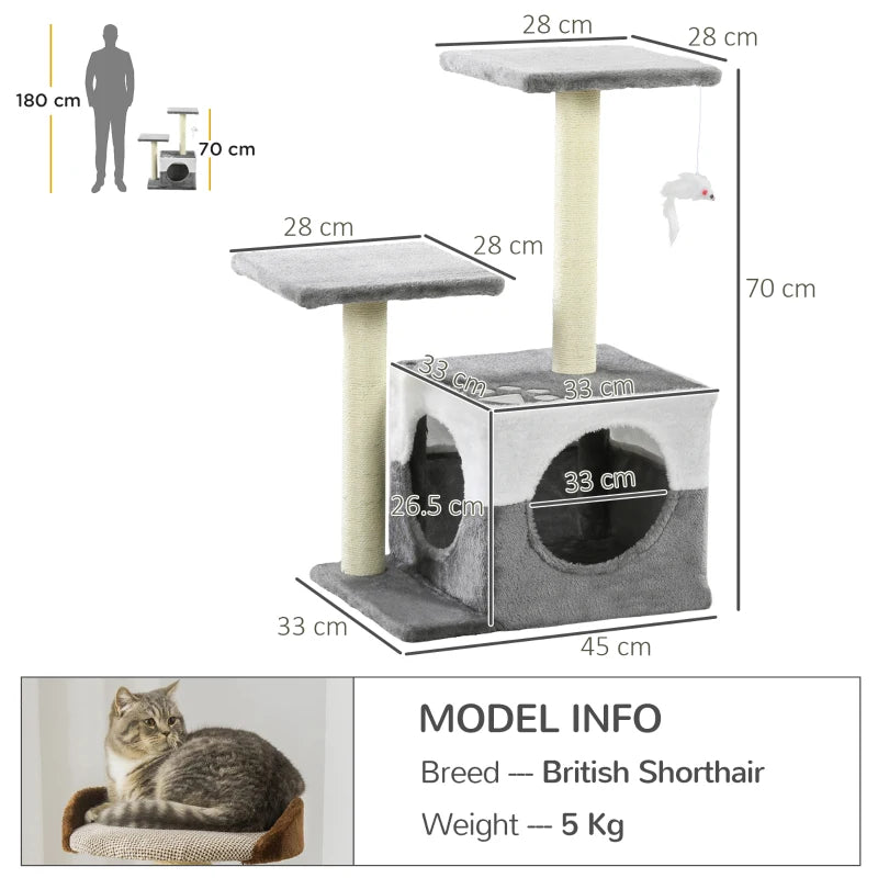 Grey Cat Tree with Scratching Posts, House, Perches & Toy Mouse