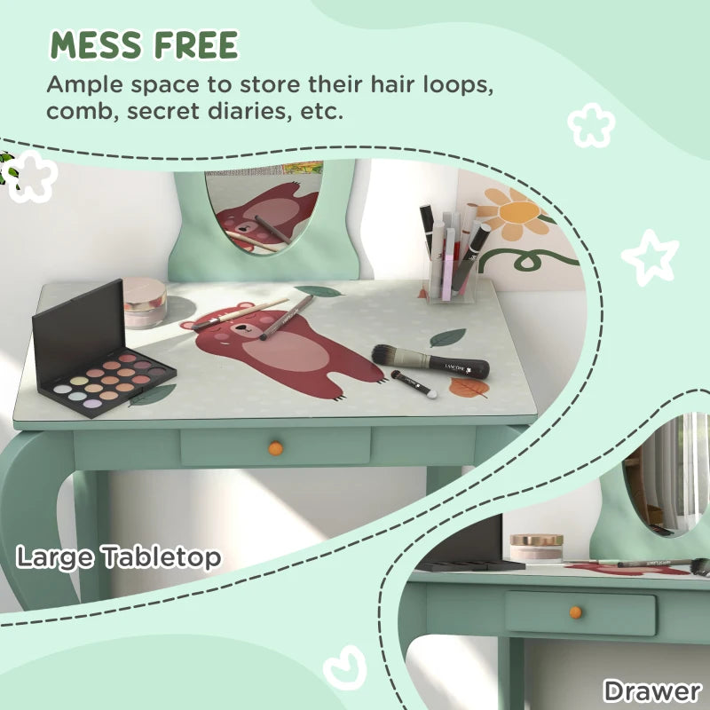 Green Kids Dressing Table Set with Mirror, Stool, Drawer - Cute Animal Design