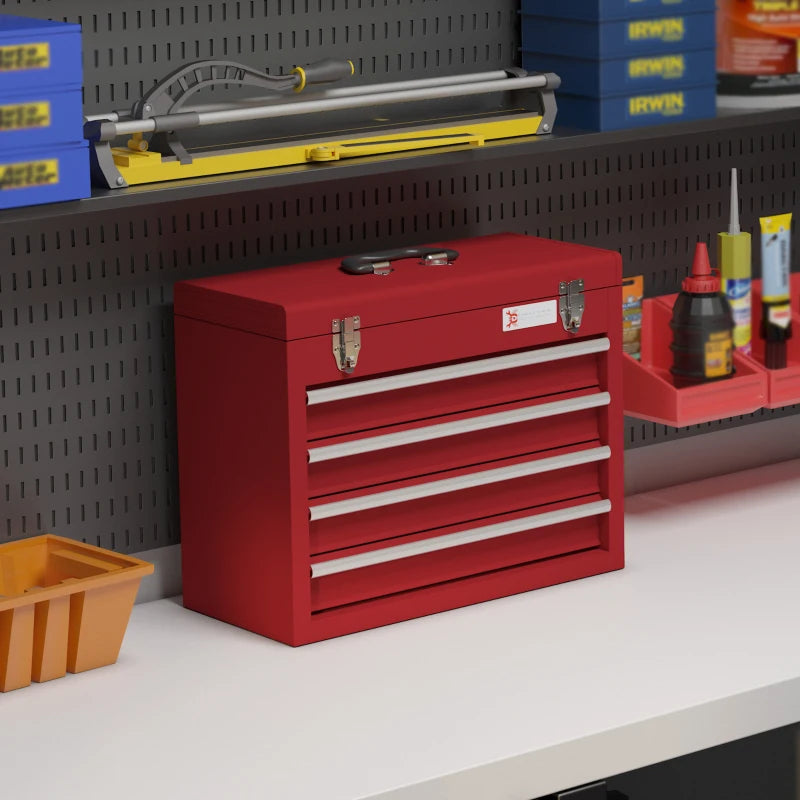 Red 4-Drawer Lockable Metal Tool Box with Handle and Ball Bearing Runners