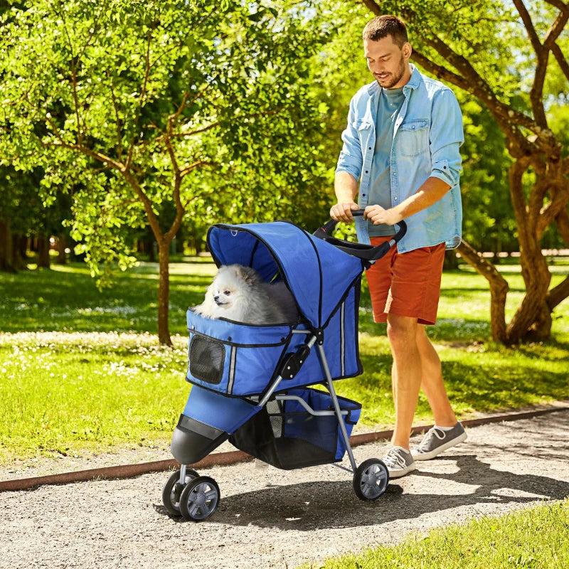 Blue Pet Travel Stroller for Small Dogs - 3-Wheel Puppy Carrier