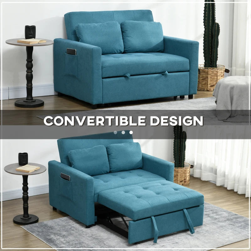 Blue Convertible Loveseat Sofa Bed with Cushions and Side Pockets