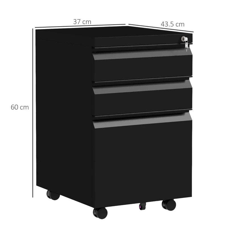 Black 3-Drawer Steel File Cabinet with Pencil Tray