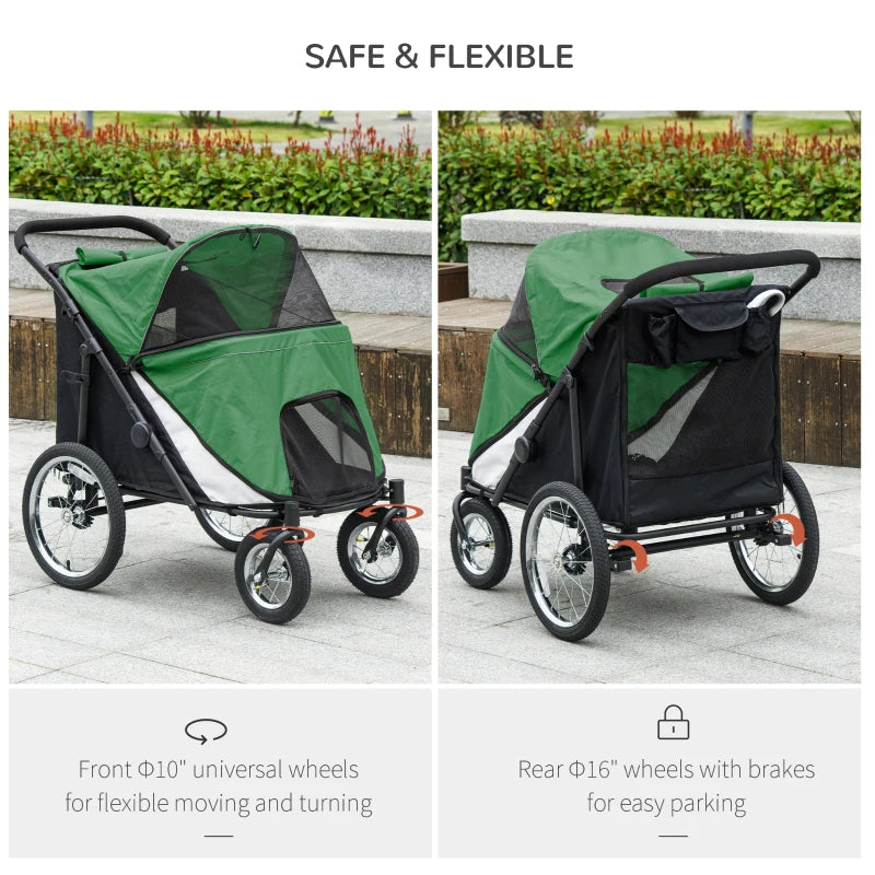 Foldable Pet Stroller with Washable Cushion - Green