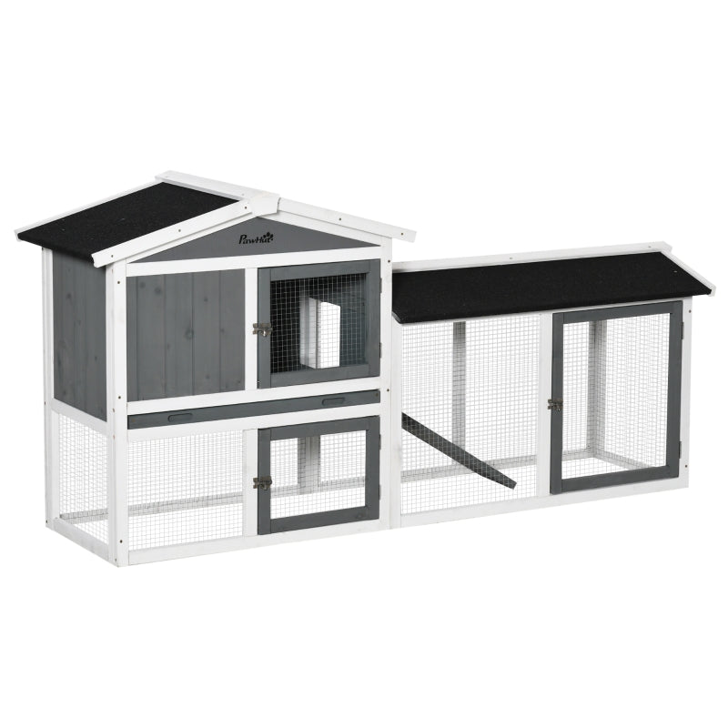 White 2-Tier Outdoor Rabbit Hutch with Run Box, Slide-out Tray, Ramp - 175.8 x 52 x 85.5 cm