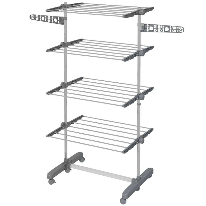 Grey 4-Shelf Folding Clothes Drying Rack with Side Arms and Wheels