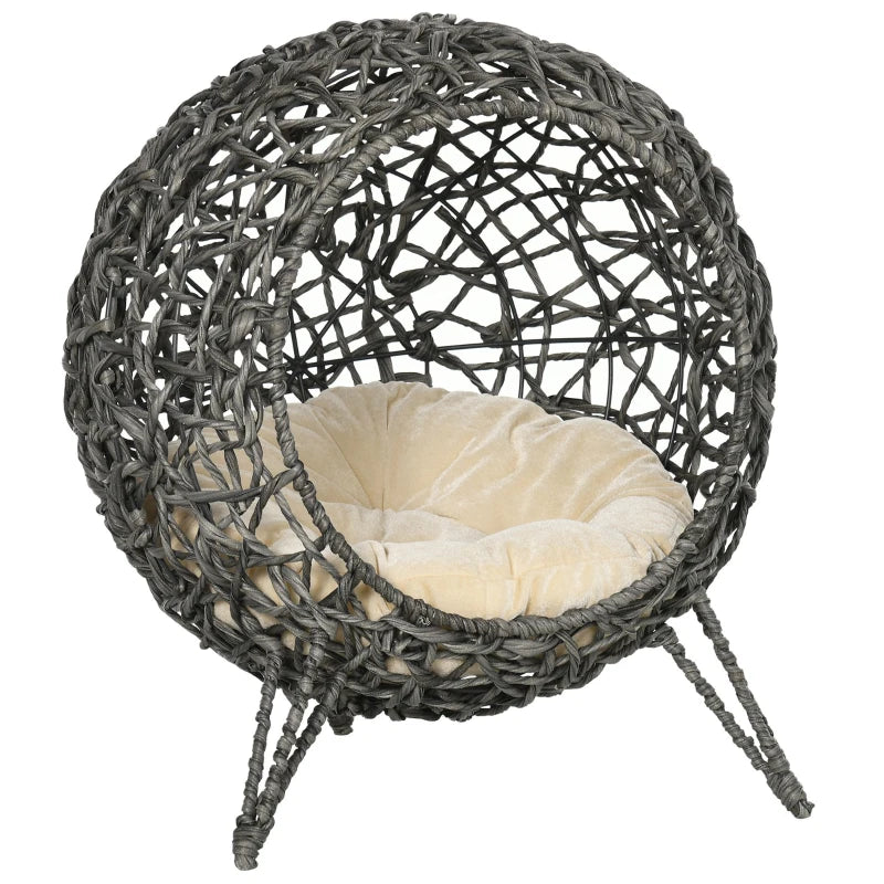 Silver and Grey Rattan Cat Bed with Removable Cushion