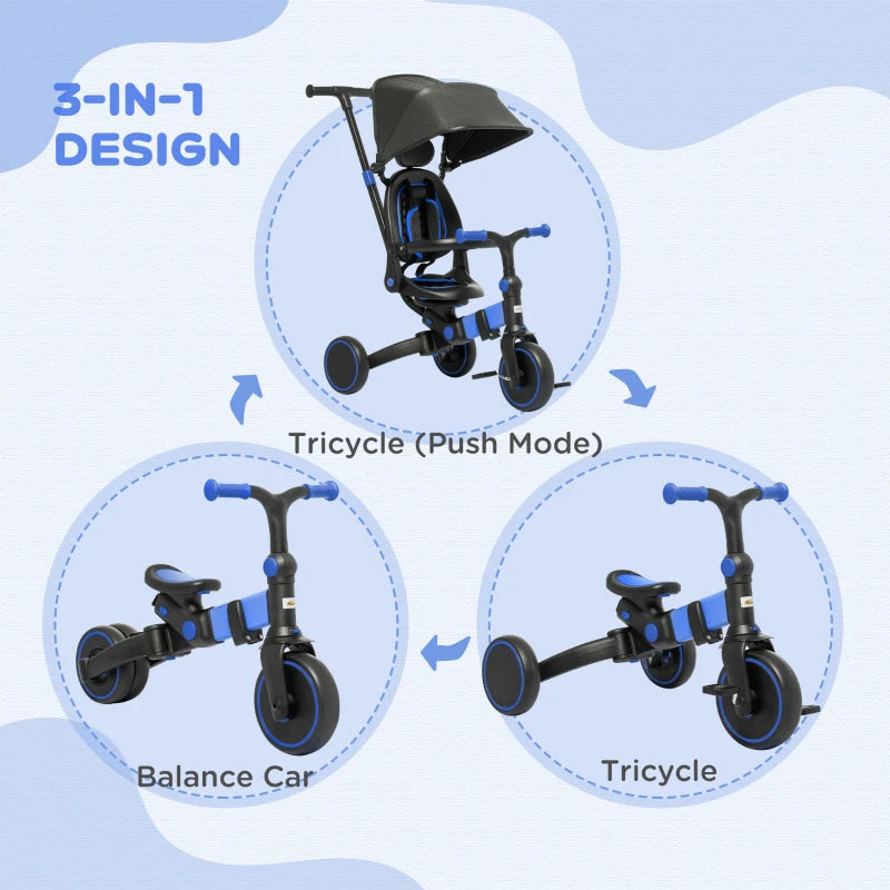 Blue 3-in-1 Kids Tricycle with Parent Handle