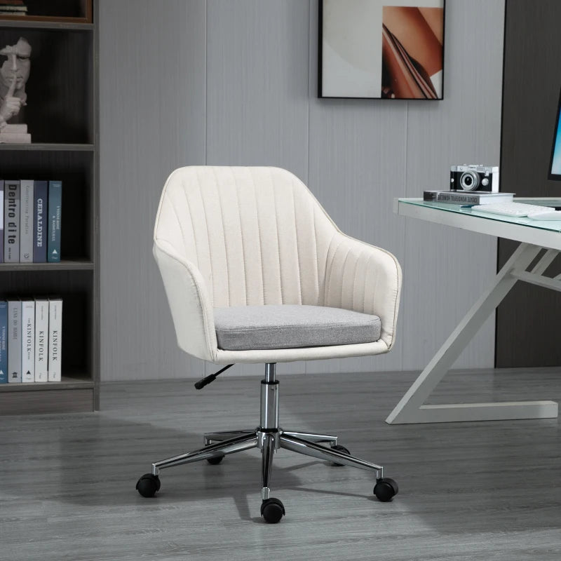 Beige Linen Swivel Office Chair with Wheels