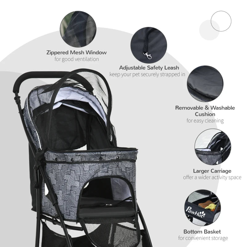 Grey Pet Stroller with Large Carriage and Storage Bag