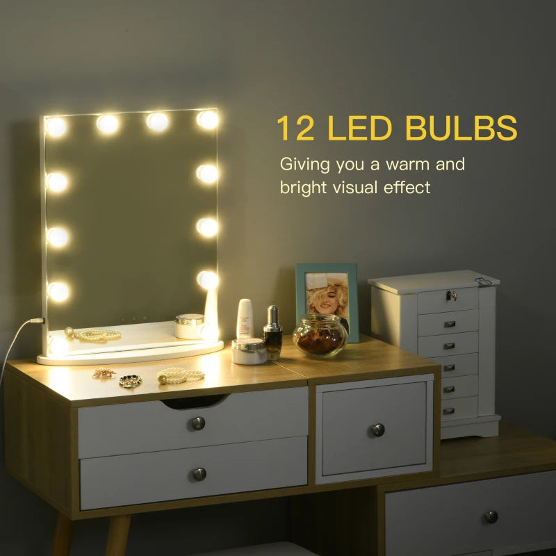 White Hollywood Vanity Mirror with 12 Dimmable LED Bulbs