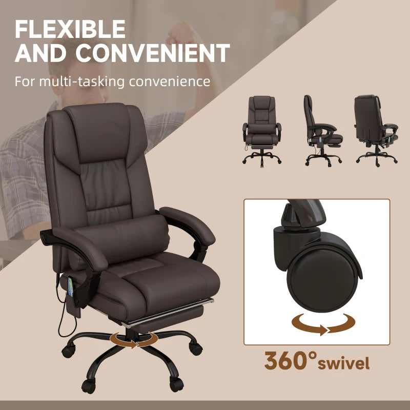 Brown Massage Office Chair with Footrest - Adjustable Height, PU Leather